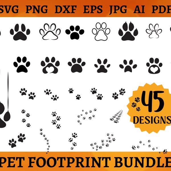 45 HAUSTIER FUSSABDRUCK SVG Bundle Haustier Pfote Cricut Welpe Pfote geschnitten Datei Katze Pfote Druck Silhouette Hund Pfote Clipart Vektor Art Png Dxf Eps Jpg Ai Pdf