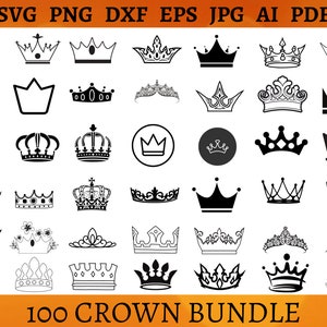 May include: A set of 100 black and white crown illustrations. The crowns are in various styles, including simple, ornate, and modern. The image includes the text "100 CROWN BUNDLE".