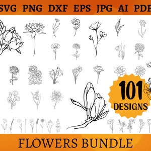 101 fleurs SVG Bundle fleur à la main dessiné PNG pour chemise fleurs sauvages Art botanique Cricut Clipart Silhouette Floral Svg Png Dxf Eps Jpg Ai Pdf