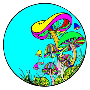 Op de afbeelding: Een kleurrijke illustratie van een groep paddenstoelen met een blauwe achtergrond. De paddenstoelen zijn allemaal van verschillende vormen en maten, en ze zijn versierd met strepen en stippen.