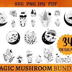 May include: A set of 34 black and white illustrations of magic mushrooms in various styles. The illustrations include mushrooms with stars, moons, and other celestial elements. The text "MAGIC MUSHROOM BUNDLE" is at the bottom of the image.