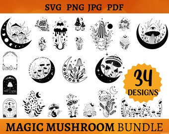 34 MAGIC PADDESTOEL SVG Bundel Magical Mushroom Art Png voor Shirt Maanstanden Mushroom Svg File Cricut Mushroom Décor Cut File Svg Png Jpg Pdf