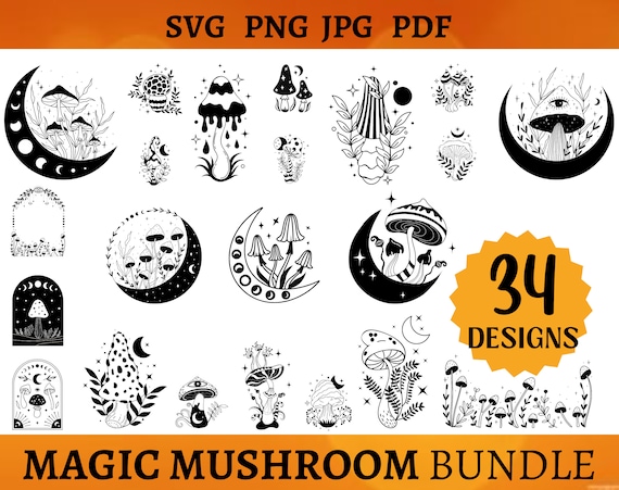 34 MAGIC MUSHROOM SVG Bundle Magical Mushroom Art Png for Shirt Moon Phases Mushroom Svg File Cricut Mushroom Décor Cut File Svg Png Jpg Pdf
