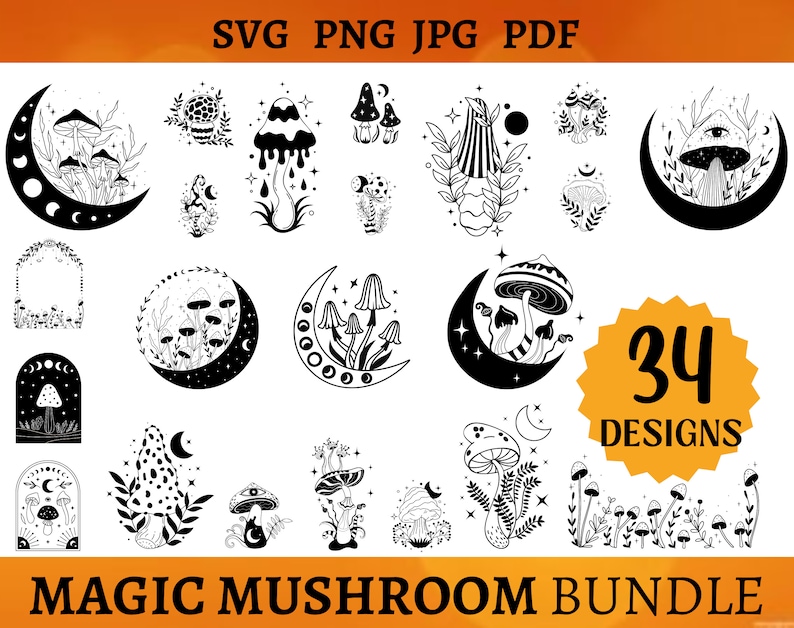 May include: A set of 34 black and white illustrations of magic mushrooms in various styles. The illustrations include mushrooms with stars, moons, and other celestial elements. The text "MAGIC MUSHROOM BUNDLE" is at the bottom of the image.