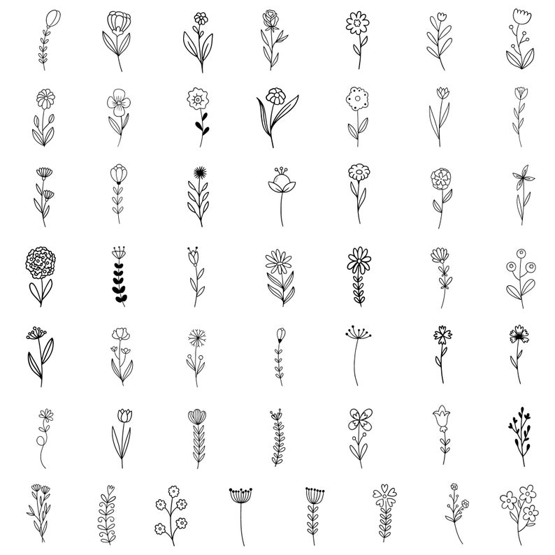 May include: A set of 48 black and white line drawings of various flowers and plants. The drawings are simple and stylized, and they would be perfect for use in a variety of creative projects.