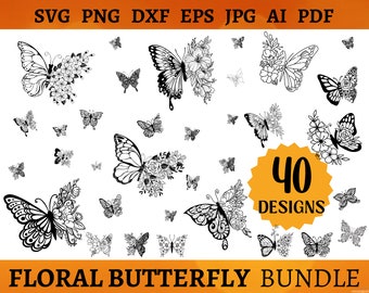 40 Blumen Schmetterling SVG Bundle Schmetterling Blume Schmetterling SVG Datei Schmetterling Mandala geschnitten Dateien CRICUT Silhouette SVG Png Eps Dxf Jpg Ai Pdf