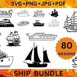 May include: A set of 80 black and white ship silhouette SVG, PNG, JPG, and PDF digital files. The designs include a variety of ships, such as sailboats, cruise ships, fishing boats, and cargo ships.