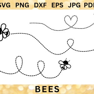 Puede incluir: Tres ilustraciones de abejas en blanco y negro con líneas punteadas que muestran sus trayectorias de vuelo. Las trayectorias de vuelo forman un corazón, un bucle y un ocho. El texto "BEES" está en la parte inferior de la imagen.