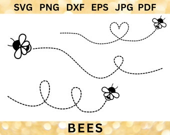 May include: Three black and white bee illustrations with dotted lines showing their flight paths. The flight paths form a heart shape, a loop, and a figure eight. The text "BEES" is at the bottom of the image.