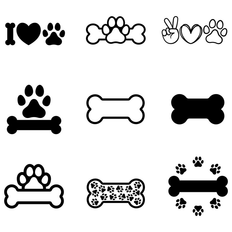 May include: A collection of black and white dog-themed graphics. Designs include paw prints, bones, and the words "I Love" with a heart symbol. Other designs include a peace sign, heart, and paw prints.