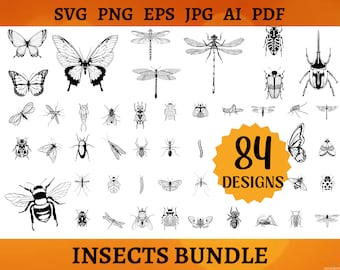 84 INSECT BUNDEL SVG Butterfly Silhouette Svg Bugs Clipart Bee Vector Moth Cut File Insect Outline. No insect names. Svg Png Eps Jpg Ai Pdf