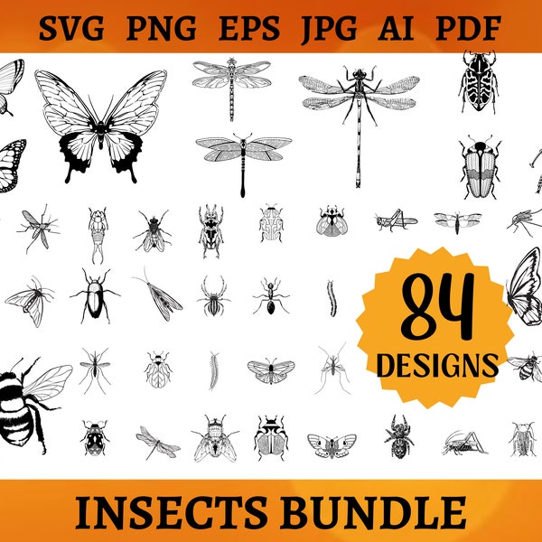 84 INSECTES BUNDEL SVG Papillon Silhouette Svg bugs Clipart abeille vecteur papillon de nuit couper fichier insecte contour. Pas de noms d'insectes. Svg Png Eps Jpg Ai Pdf