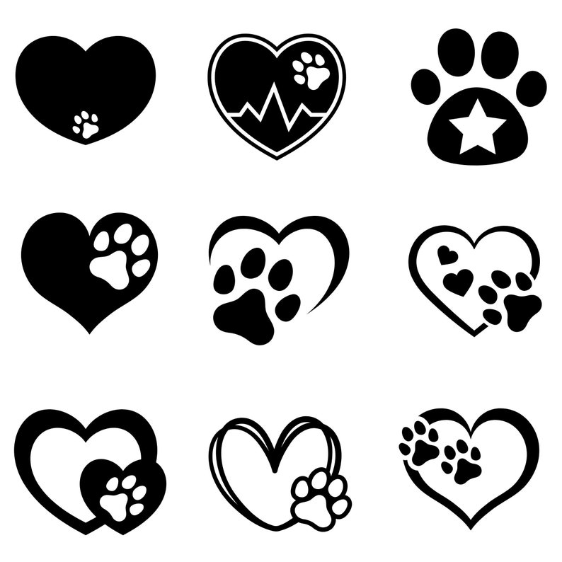 May include: A collection of nine black and white heart-shaped designs. Each heart features a paw print, a heartbeat line, or a star. The designs are suitable for pet lovers and can be used for various crafts and projects.