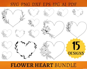 15 FLOWER HEART Svg BUNDLE Floral Frame Png Botanical Heart Border Svg Cricut Cut Files Silhouette Wedding Decor Svg Png Dxf Eps Jpg Ai Pdf