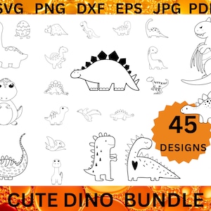May include: A set of 45 black and white cute dinosaur illustrations. The illustrations include various dinosaurs in different poses, including standing, sitting, and walking. The illustrations are perfect for use in crafting projects, scrapbooking, and digital design.