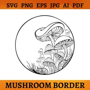 Op de afbeelding: Zwart-witte lijntekening van een cirkelvormige rand met paddenstoelen in verschillende maten en vormen. De tekst "MUSHROOM BORDER" staat onder de cirkel.