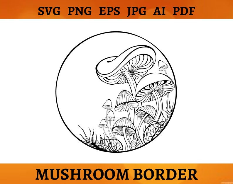 Op de afbeelding: Zwart-witte lijntekening van een cirkelvormige rand met paddenstoelen in verschillende maten en vormen. De tekst "MUSHROOM BORDER" staat onder de cirkel.