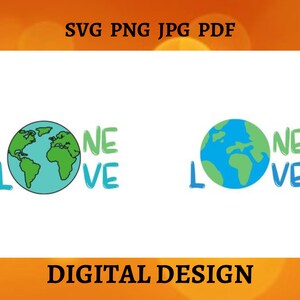 Può includere: Un design digitale che presenta un globo terrestre verde e blu con le parole "ONE LOVE" scritte intorno. Il design è perfetto per creare t-shirt, tazze, borse e altri prodotti.