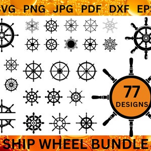 May include: A set of 77 black and white ship wheel designs. The designs are in various styles and sizes. The designs are perfect for crafting, scrapbooking, and other creative projects.