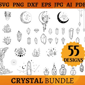55 MAGIC CRYSTAL SVG Bundle Floral Crystal Svg Gemstone Cricut Arquivos de Corte de Cristal Espiritual Fases da Lua Mística Svg Png Dxf Eps Jpg Ai Pdf