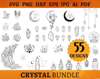 Puede incluir: Un conjunto de 55 ilustraciones de cristales y lunas en blanco y negro. Las ilustraciones incluyen varias formas de cristales, lunas, estrellas y otros elementos celestiales. Las ilustraciones son perfectas para manualidades, scrapbooking y otros proyectos creativos.