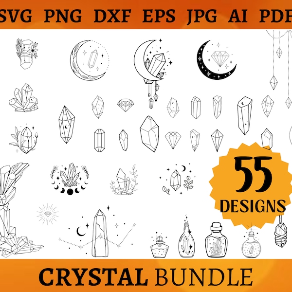 55 MAGIC CRYSTAL SVG Bundle Floral Crystal Svg Gemstone Cricut Spiritual Crystal Cut Files Mystical Moon Phases Svg Png Dxf Eps Jpg Ai Pdf