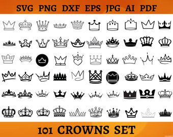 Lot de 101 couronnes SVG Svg couronne royale croquis diadème de princesse Cricut coupe fichiers Reine Couronne Silhouette roi couronne Svg Png Dxf Eps Jpg Ai Pdf