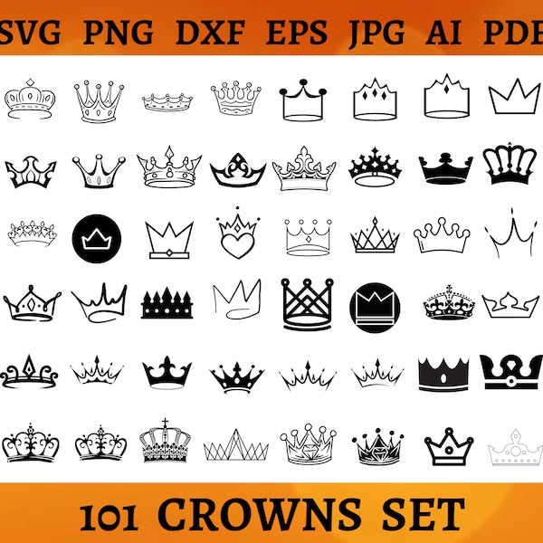 Lot de 101 couronnes SVG Svg couronne royale croquis diadème de princesse Cricut coupe fichiers Reine Couronne Silhouette roi couronne Svg Png Dxf Eps Jpg Ai Pdf