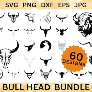May include: A collection of 60 black and white bull head designs. The designs are in various styles, including simple line drawings, detailed illustrations, and skull designs. The designs are perfect for use in crafting, scrapbooking, and other creative projects.