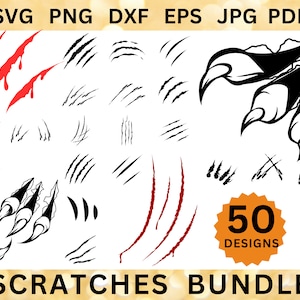 Puede incluir: Un conjunto de 50 diseños digitales que presentan varias marcas de arañazos de garras en negro, rojo y blanco. Los diseños son perfectos para crear gráficos únicos y llamativos para tus proyectos.