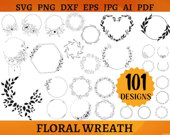 101 CORONA FLORAL SVG Paquete Círculo Marco Svg Marco Botánico Corona de Boda Svg Flor Guirnalda Cricut Silueta Svg Png Dxf Eps Jpg Ai Pdf