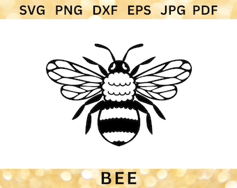 May include: Black and white silhouette of a bee with wings outstretched. The bee has a striped abdomen and a round head with small eyes.