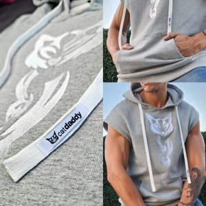 Embroidered Sleeveless Hoodie - Gray & White