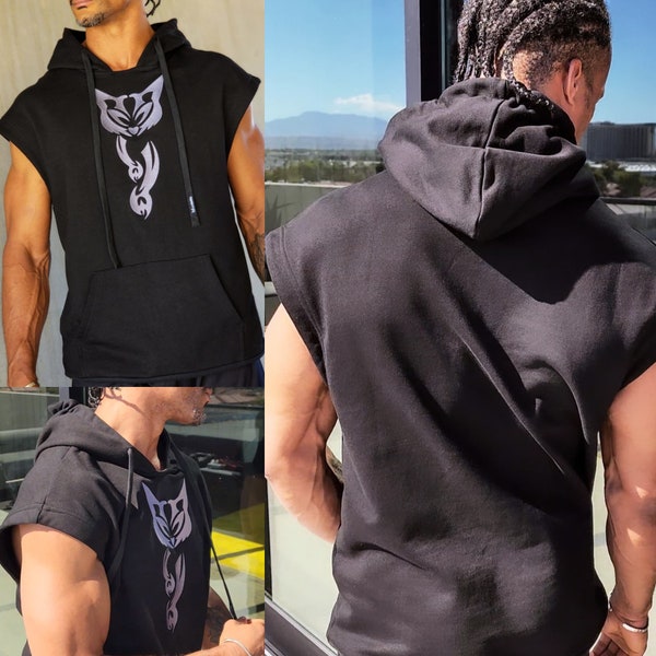 Embroidered Sleeveless Hoodie - Black & Metallic Gray