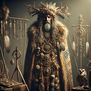 May include: A man wearing a long, brown fur coat with intricate beadwork and feathers. He has a long white beard and is wearing a headdress with antlers. He is standing in front of a dark background.
