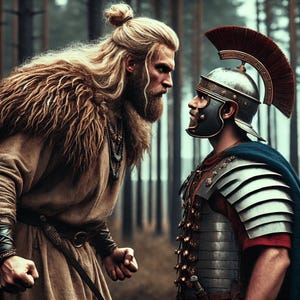 May include: A man with long blonde hair tied in a bun, wearing a brown fur-trimmed tunic, faces a man wearing a silver and red Roman helmet and armor. The Roman soldier is wearing a red tunic and a blue cape.