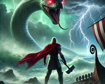 May include: A warrior with a red cape and a hammer stands on a rocky shore, facing a giant green snake with red eyes. The snake is emerging from the stormy sea, with lightning flashing in the background.