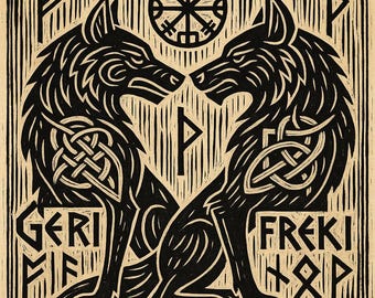 Geri & Freki • Framed Odin’s Wolves Norse Myth Art Print