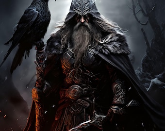 Odin’s Vigil: Framed All-Father & Raven Norse Wall Art