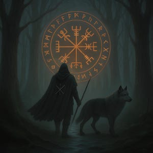 Odin’s Guiding Light: Vegvísir & Wolves Framed Print
