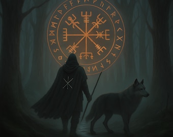 Odin’s Guiding Light: Vegvísir & Wolves Framed Print
