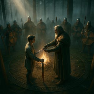 May include: A young person stands in front of a group of warriors, receiving a sword from an older man with a long white beard. The scene is set in a dark forest with a fire burning in the center of the group.