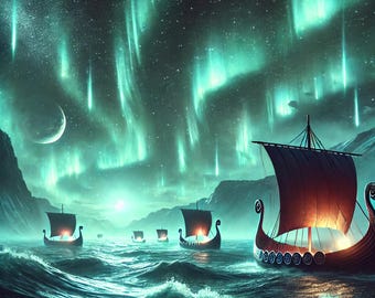 Under Northern Skies - Viking Longships Beneath the Aurora - Framed Poster