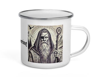 Odin the Wandering Sage Enamel Mug – Norse Mythology Campfire Cup – Woodcut Viking Coffee Mug – Nordic Allfather Gift