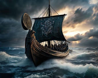 Viking Longship in Storm Poster – Norse Warrior Ship Wall Art, Stormy Ocean Voyage Print, Framed Nordic Seafaring Decor