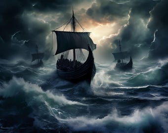 Voyage of the Brave - Viking Longship in the Storm - Framed Poster