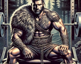 Viking Gym Wall Art – Berserker on Bench Print, Nordic Warrior Fitness Poster, Norse Workout Motivation, Framed Strength Decor