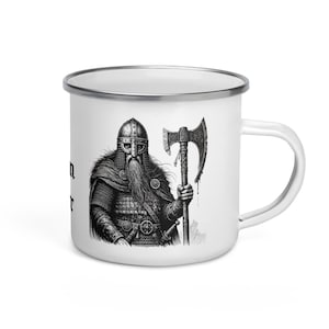 Old Saxon Valor Enamel Mug – Germanic Warrior Art – Medieval Norse Viking Gift – Nordic Heritage Coffee Cup