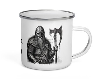 Old Saxon Valor Enamel Mug – Germanic Warrior Art – Medieval Norse Viking Gift – Nordic Heritage Coffee Cup