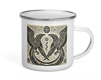 Hugin and Munin Enamel Mug – Norse Raven Cup in Woodcut Style – Viking Mythology Campfire Coffee Mug – Odin’s Ravens Nordic Gift